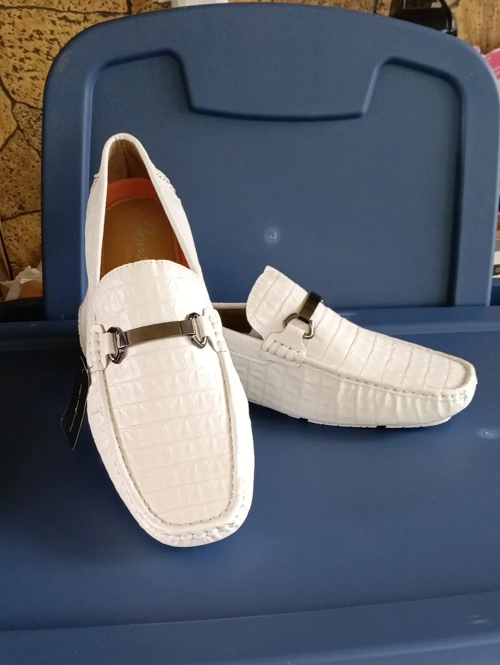 Men's White Croc-Embossed Leather Slip-On Loafers with Metal Bit 12
